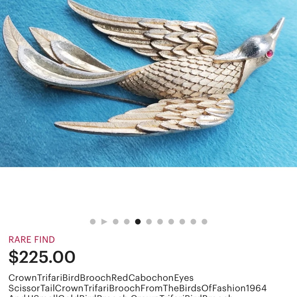 1964 Vintage Crown Trifari Scissor Tail; BIRDS In Flight Brooch Gold Tone